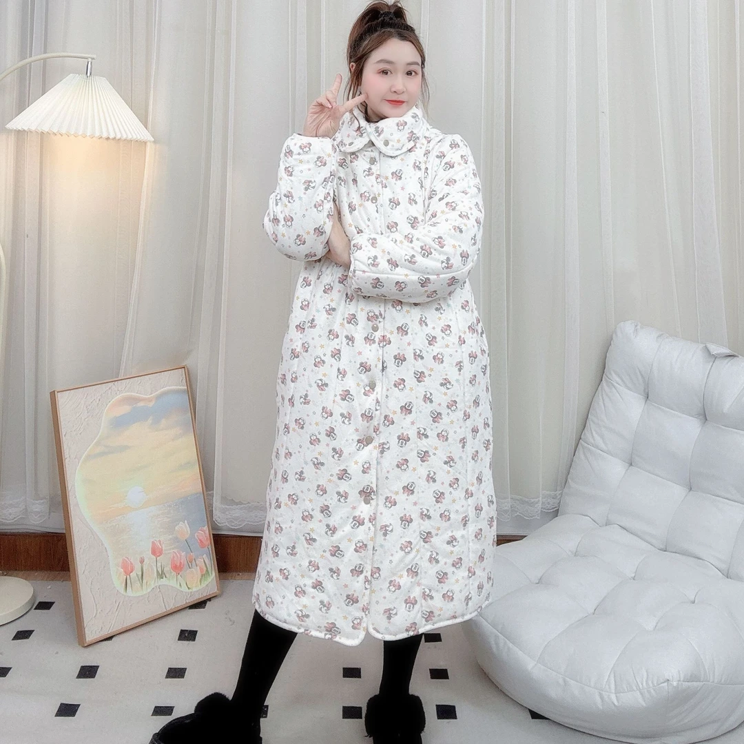 SANYUE新疆棉棉花【白底蝴蝶结米奇立领长款】宽松家居服保暖棉服