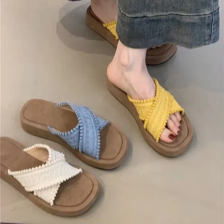 波西米亚厚底交叉带露趾拖鞋女夏外穿百搭不累脚休闲沙滩凉拖凉鞋
