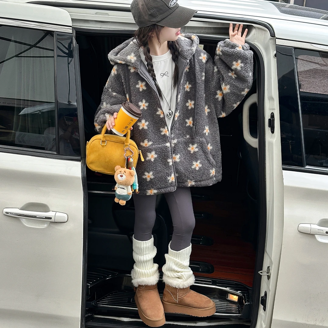 女童夹棉加厚外套冬装洋气韩系毛毛衣2025新款儿童冬季羊羔绒上衣