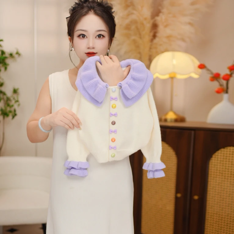 女童2025年秋冬款儿童毛衣木耳边开衫外套