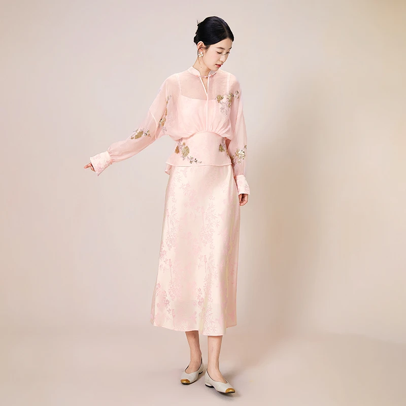 拾白新中式原创设计提花吊带连衣裙外套设计感显瘦珠绣套装SU8117