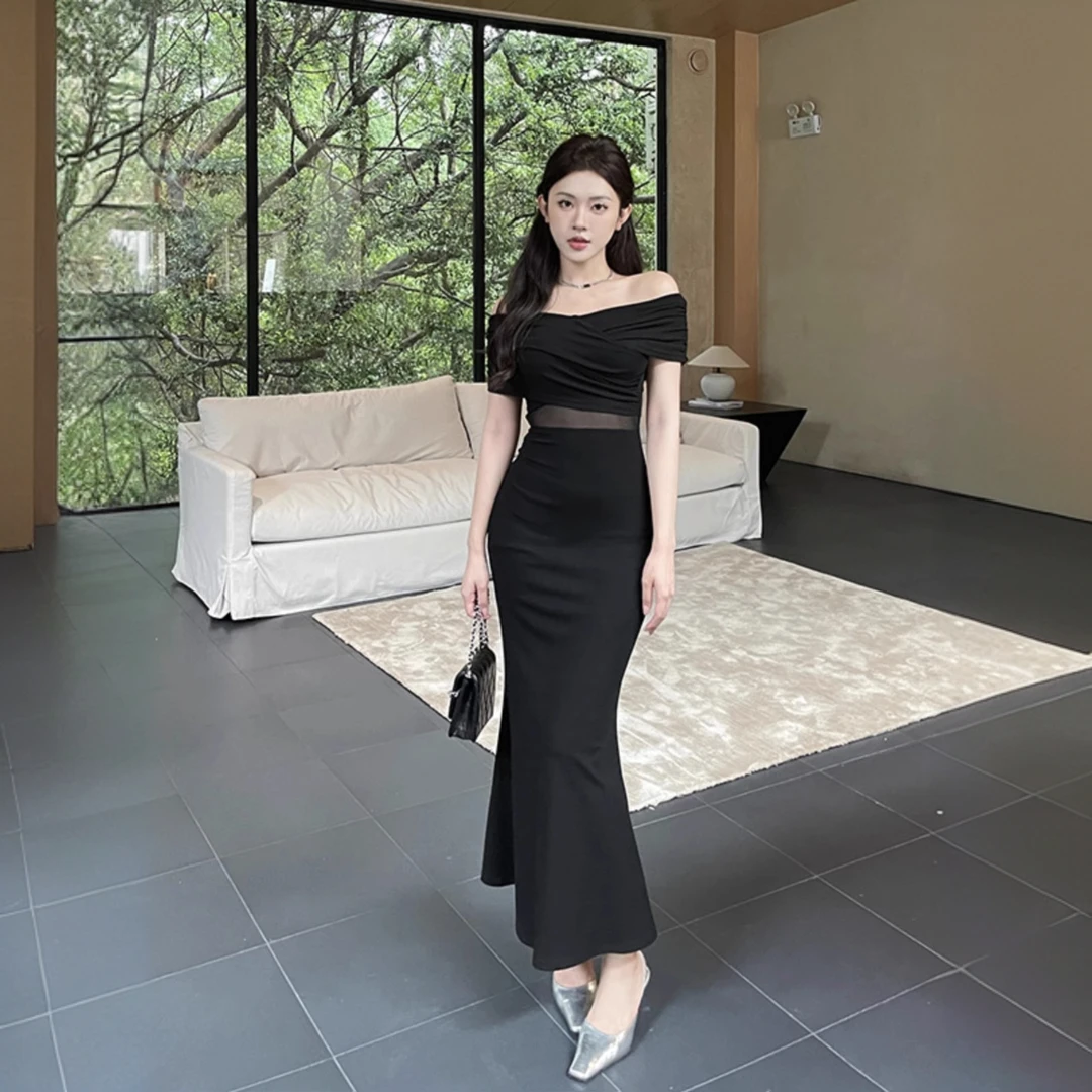 法式性感一字肩连衣裙女夏季新款高级黑色气质网纱拼接修身长裙子