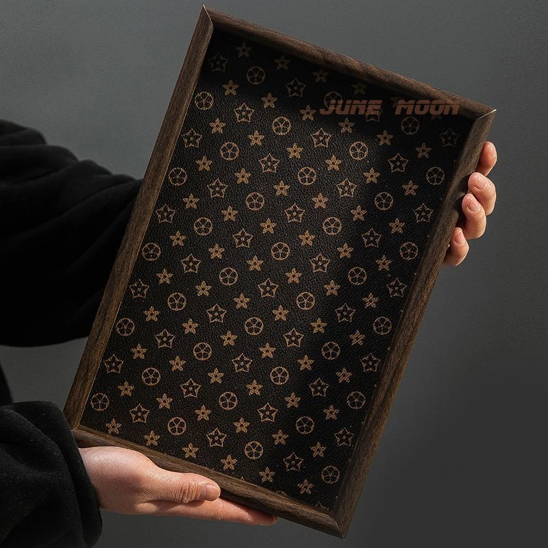 胡桃木色皮革托盘经典花色轻奢饰品手串收纳托盘客厅餐厅家用盘