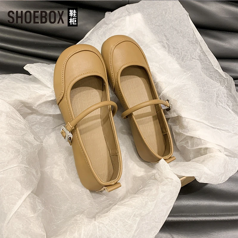 SHOEBOX鞋柜一字带休闲女鞋2025夏新款法式百搭平底舒适豆豆鞋女