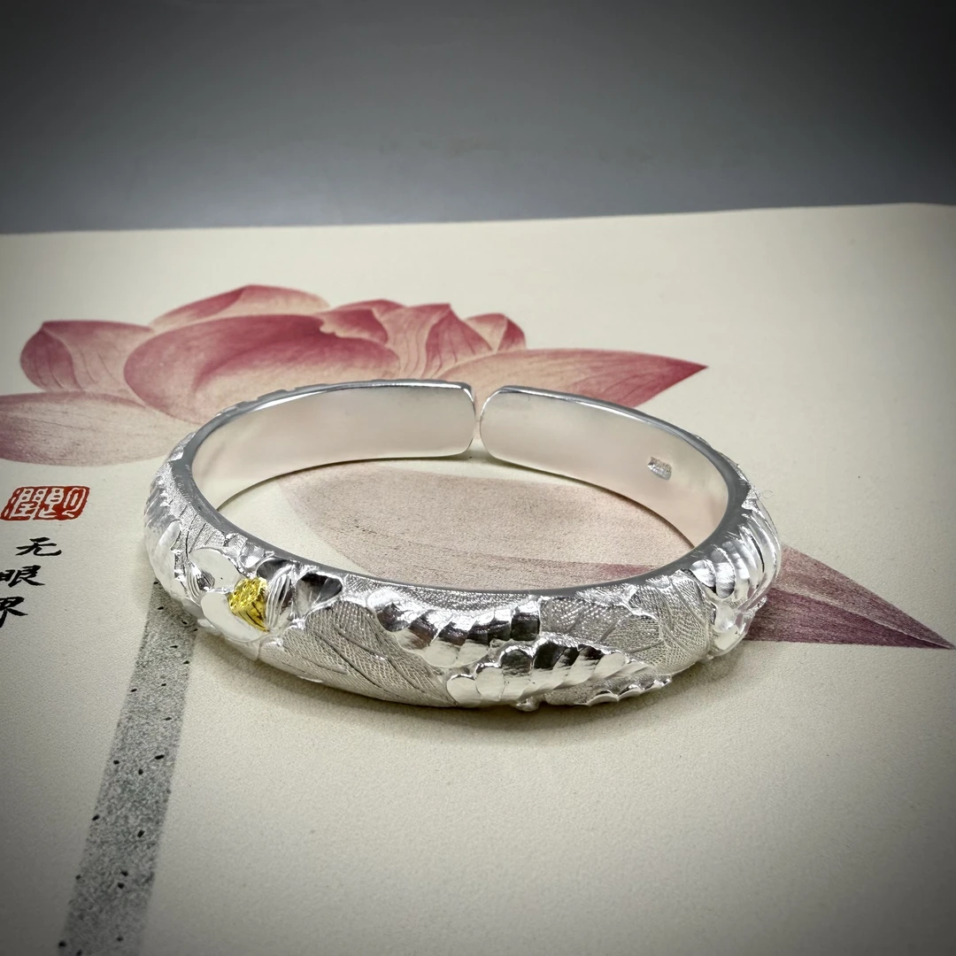 足银手镯 荷漫 足银999纯手工錾刻手镯