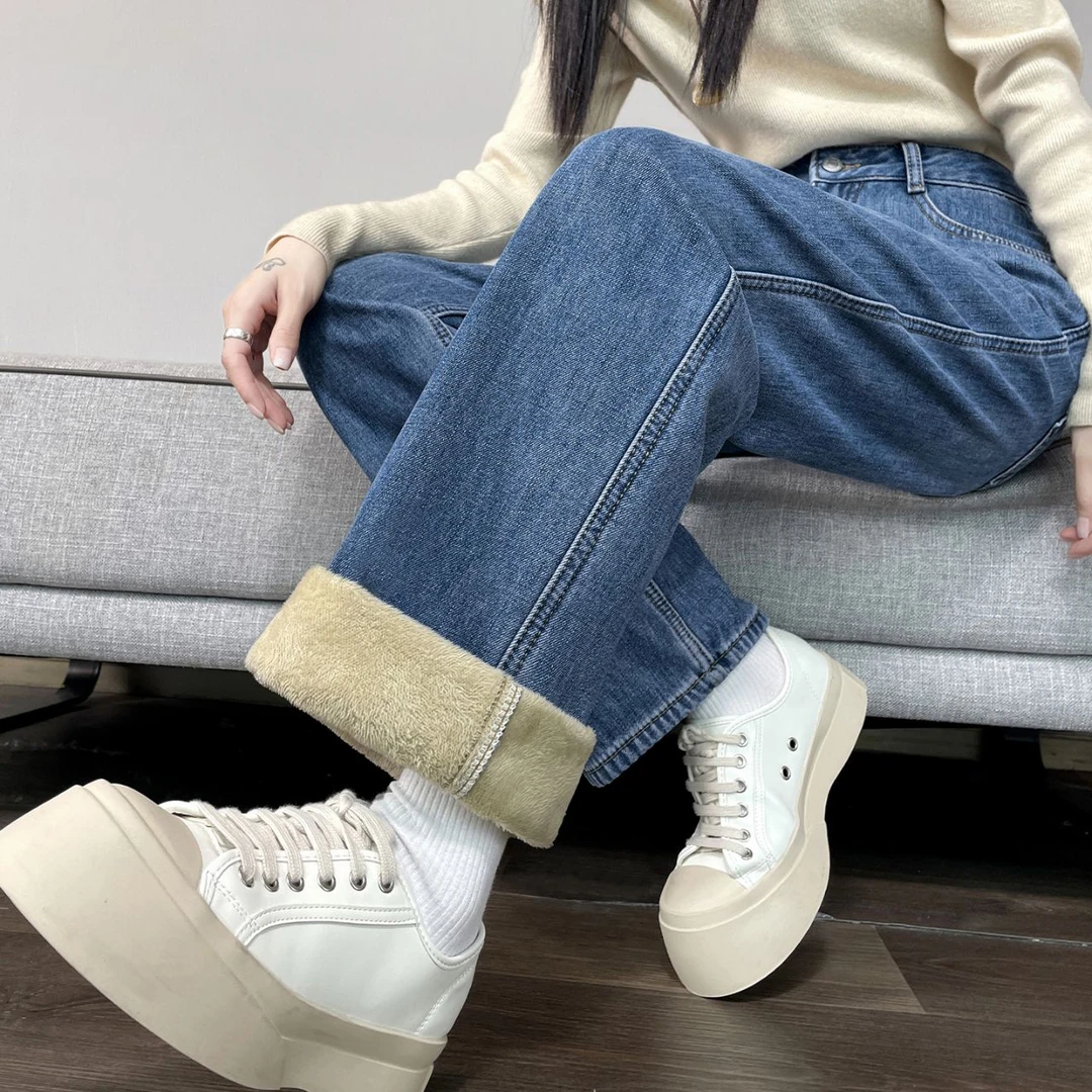 加绒加厚阔腿牛仔裤女秋冬2025新款小个子高腰显瘦遮胯窄版直筒裤