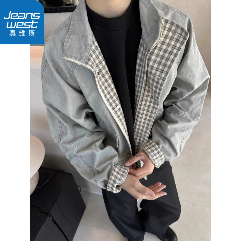 真维斯千鸟格老钱风bomber飞行夹克男款秋季美式复古廓形工装外套