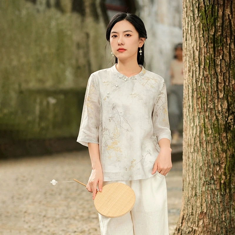 7357#复古立领斜襟设计印花上衣民族风宽松短款衬衫