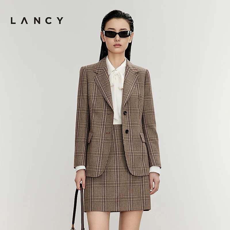 【雅丹风】LANCY/朗姿新款绵羊毛千鸟格西装外套女老钱风