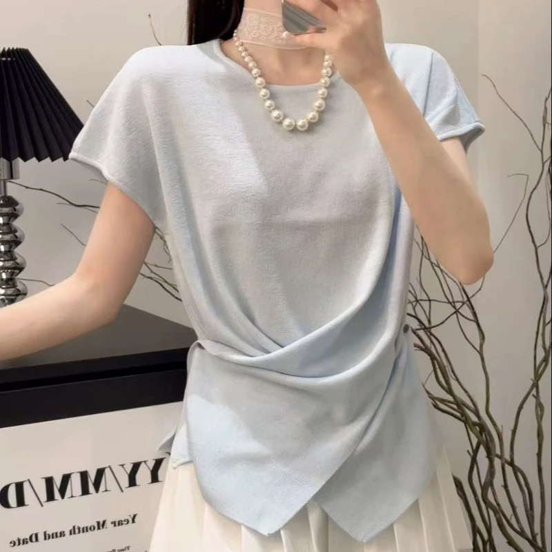 设计感交叉短袖针织衫时尚显瘦圆领气质上衣夏季百搭不规则收腰