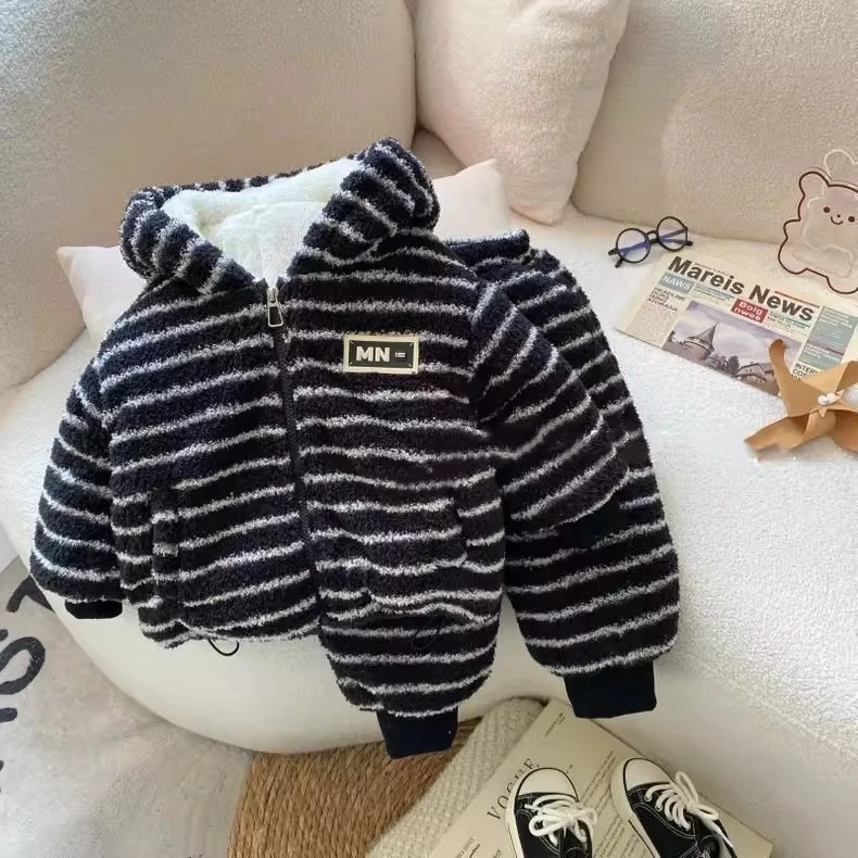 男童家居服套装冬季宝宝韩版三层加绒加厚睡衣儿童保暖连帽两件套