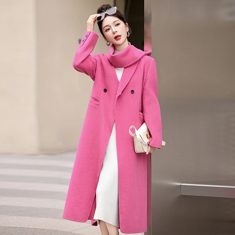 女式毛呢外套冬季新款女装围巾领双排扣时尚双面羊毛呢大衣SX3062