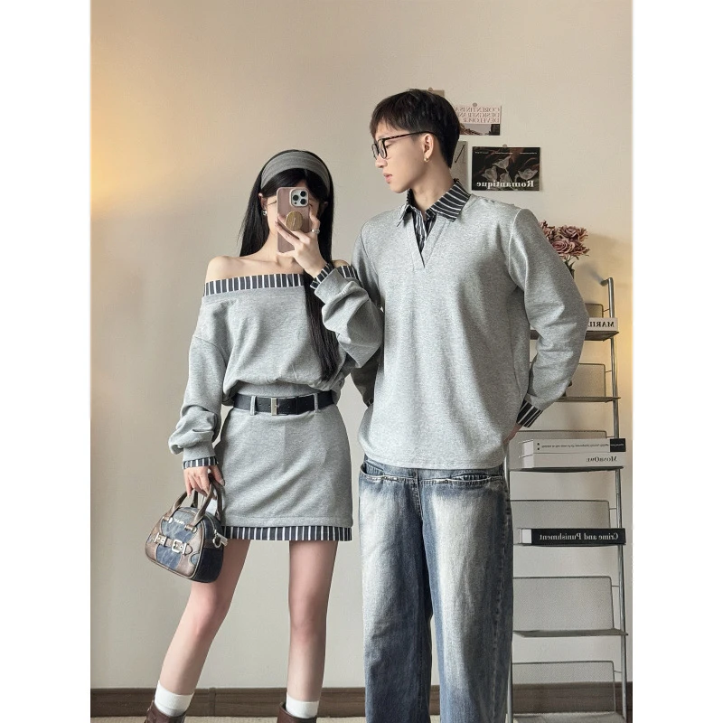 情侣装秋季2025新款气质一字肩卫衣女套装裙子男POLO衫拼接时尚