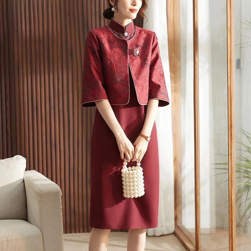 妈妈春装洋气两件套连衣裙喜婆婆婚宴装中年贵夫人披肩婚礼旗袍裙