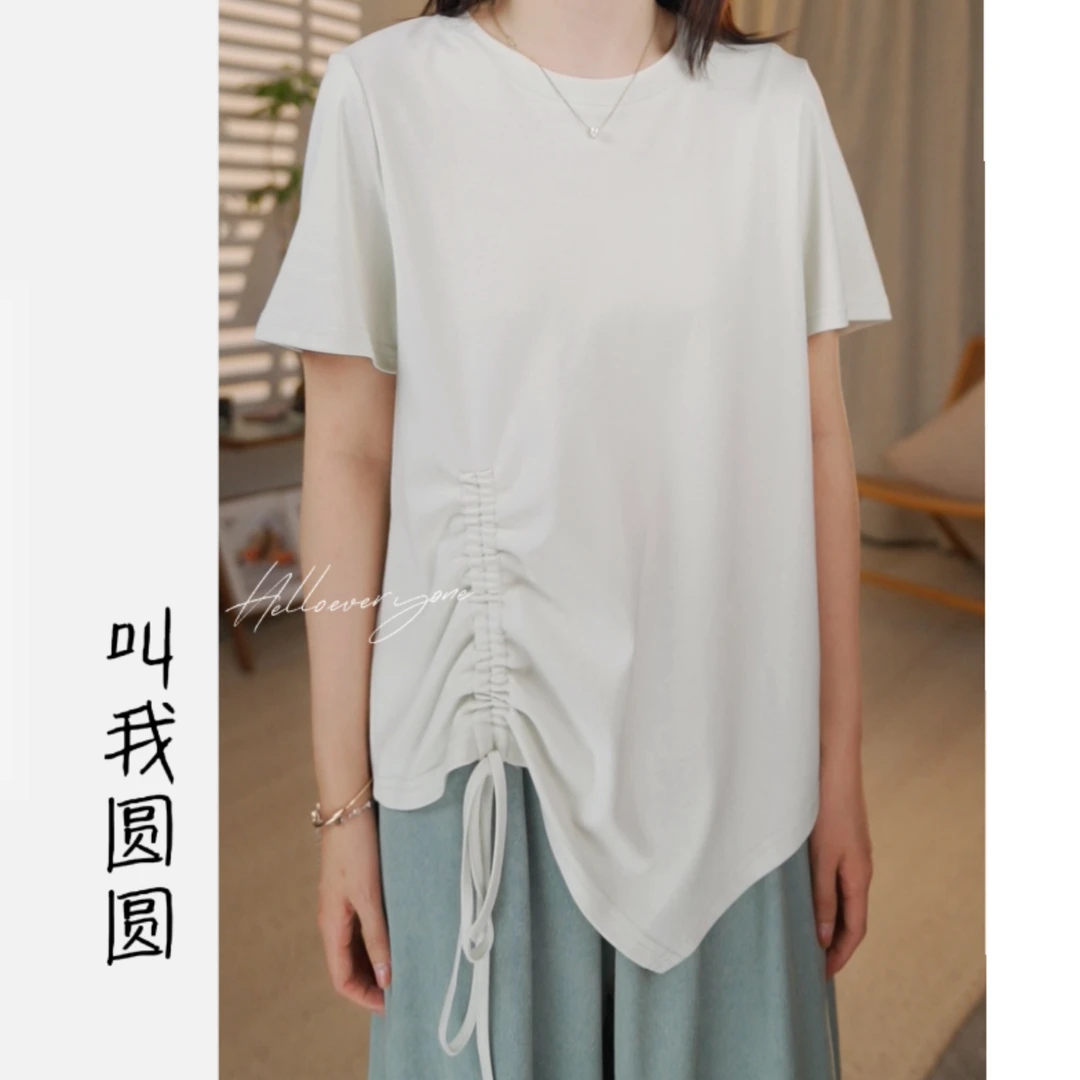 圆圆【捏褶T】时尚休闲夏季宽松基础百搭斜边开叉T恤  YY 10908