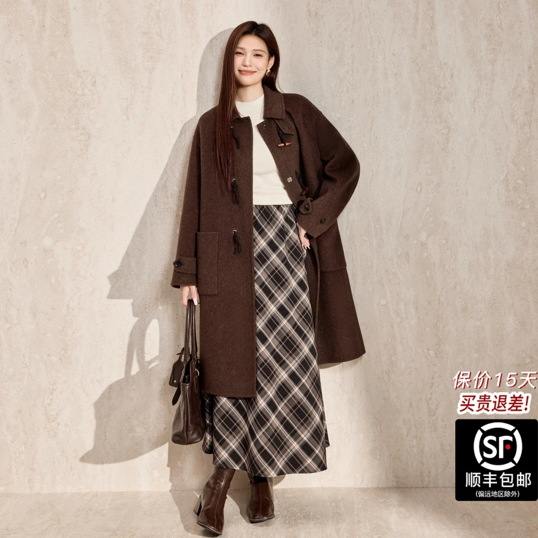 蓝语大码女装复古牛角扣翻领双面呢大衣2025秋冬新款显瘦毛呢外套