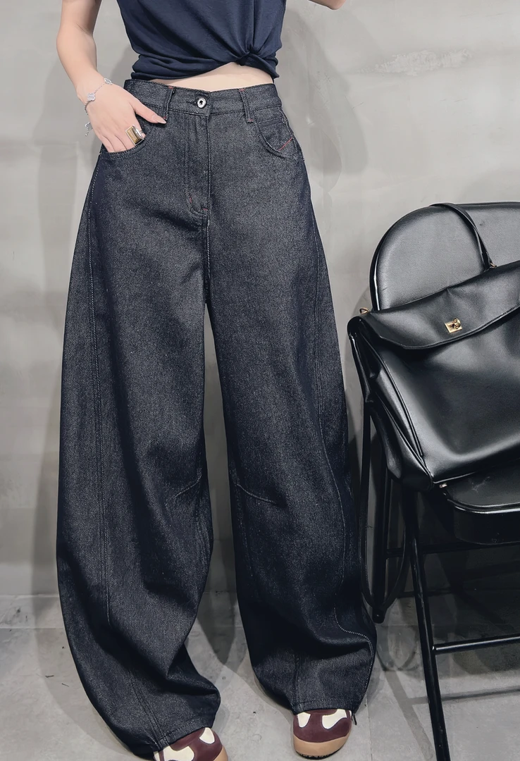 77192#小众韩版弯刀牛仔裤女复古春秋高腰宽松设计感阔腿长裤子