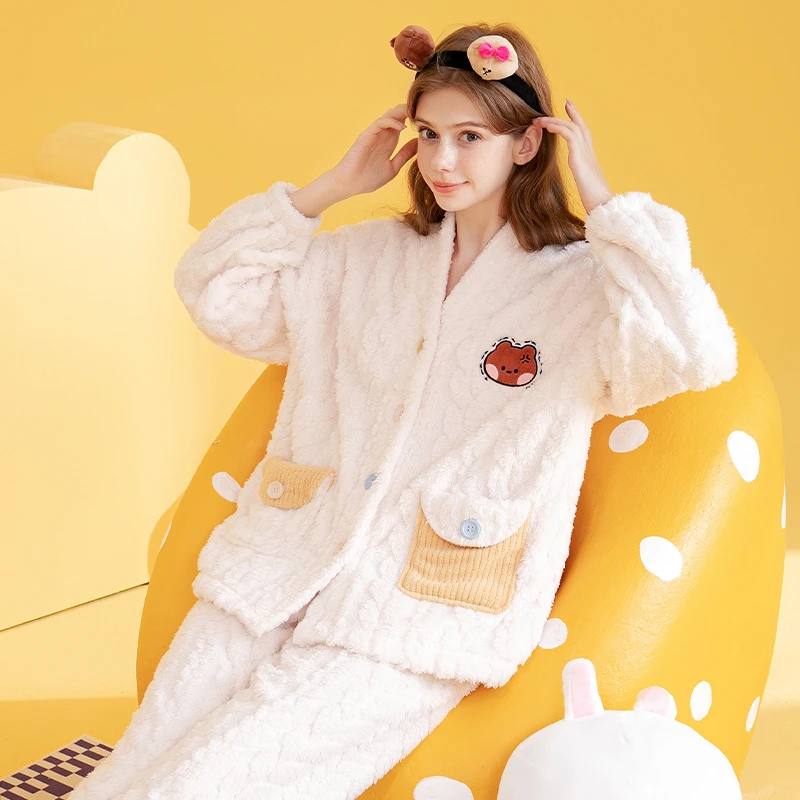 芬腾【布朗熊IP联名】320g秋冬V领加绒女士家居服睡衣I98440867