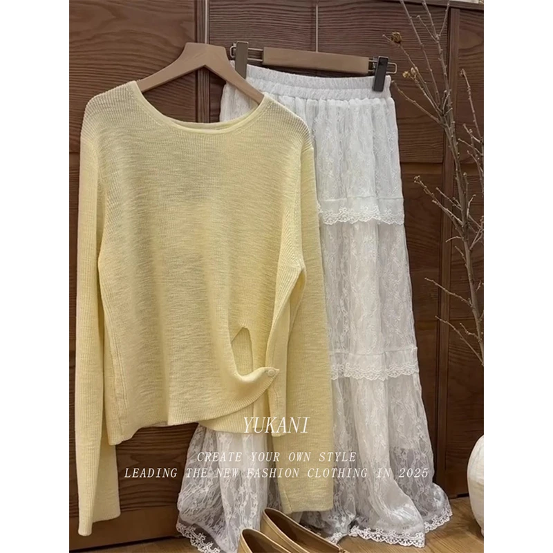 小个子黄色宽松慵懒风开叉针织衫女夏季薄款外搭防晒罩衫长袖上衣