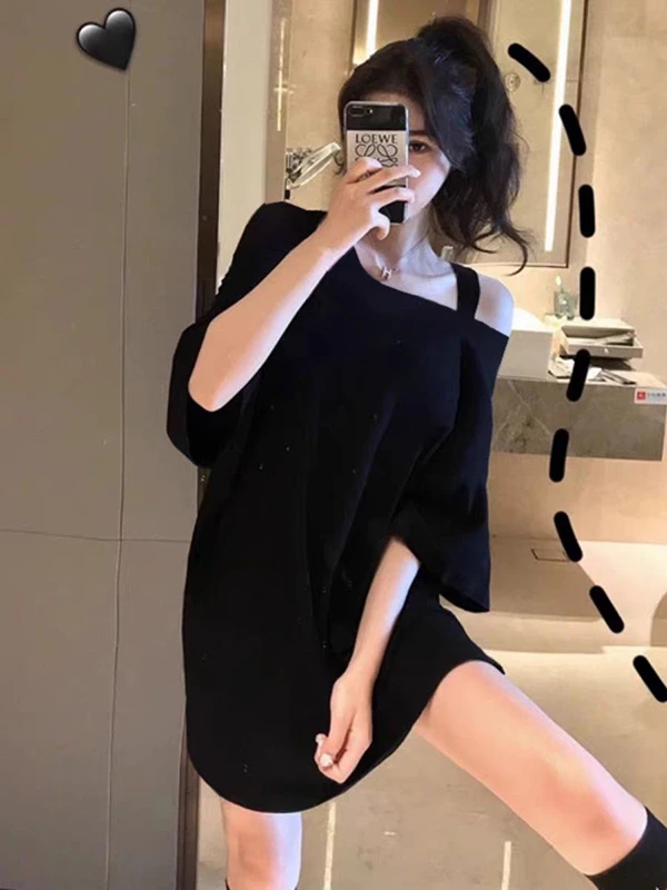 大码韩版遮屁股中长款短袖t恤女夏季胖mm遮肚宽松显瘦露肩上衣ins