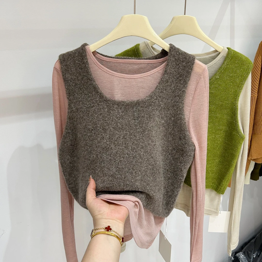 2025秋冬新款韩系小清新软糯百搭长袖T恤+针织衫背心两件套女上衣
