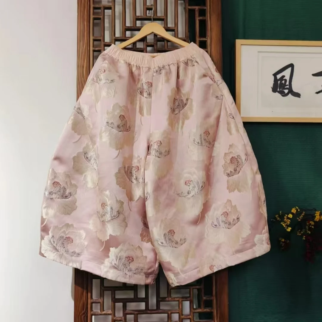 凤徕兮私人定制粉色底牡丹花纹全松紧加衬花 苞八分裤(LK040-61)