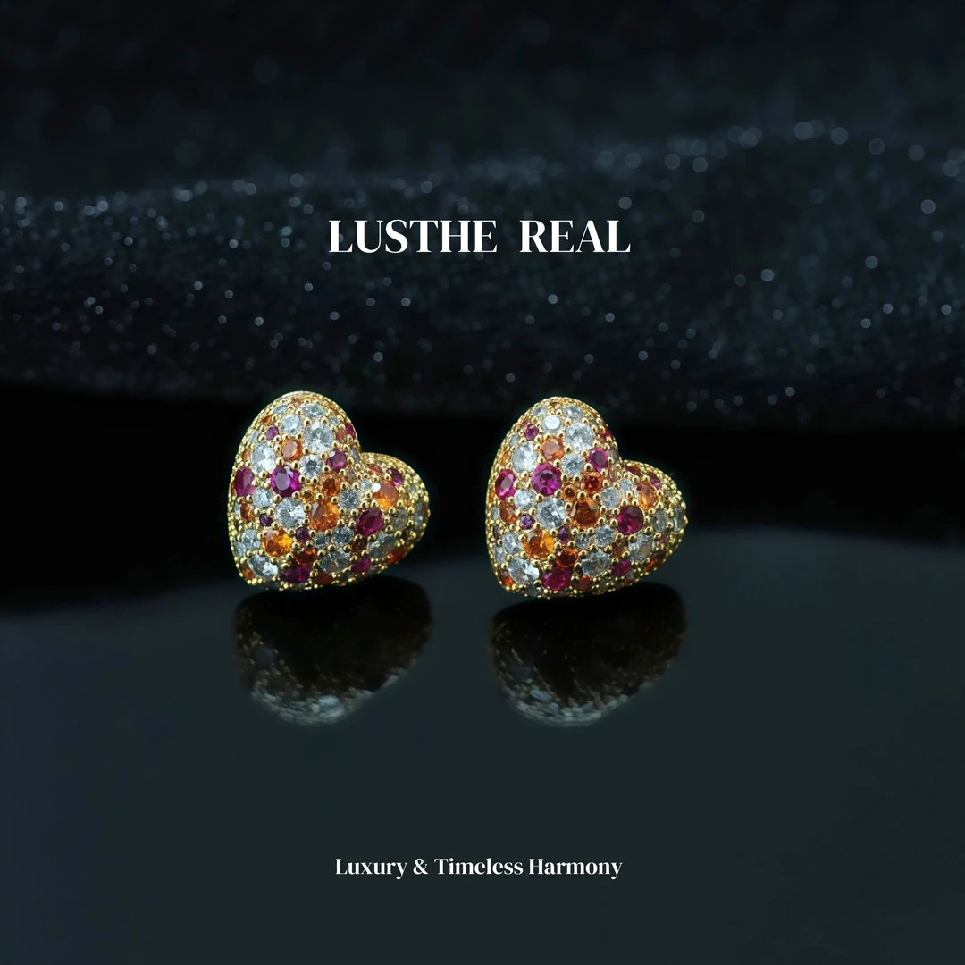 铜合金锆石耳饰 复古独特轻奢风微镶玫瑰锆石心形耳环女气质优雅