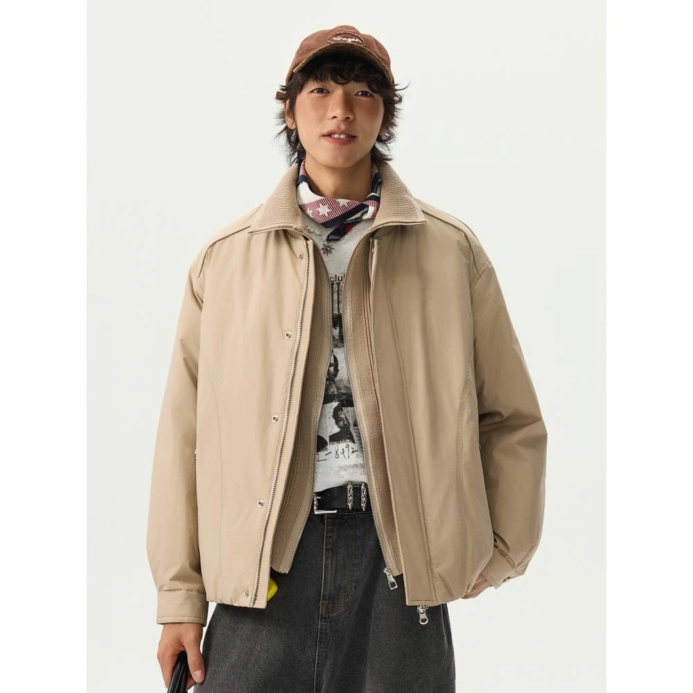 GTRG冬季新款棒球领假两件针织拼接外套美式90鸭绒防寒保暖羽绒服