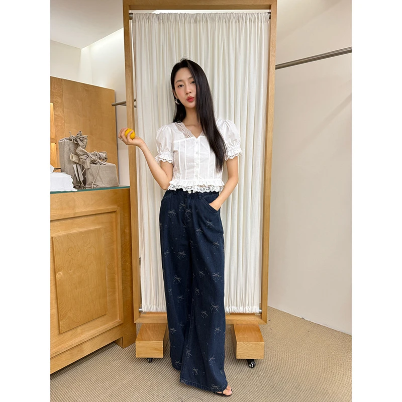 NEWOPEN25夏复古休闲百搭蝴蝶结印花直筒牛仔裤女C3185-1