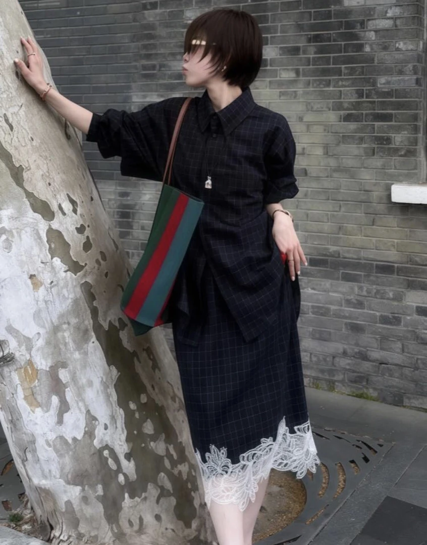 【art家】新款格子衬衣花边套装