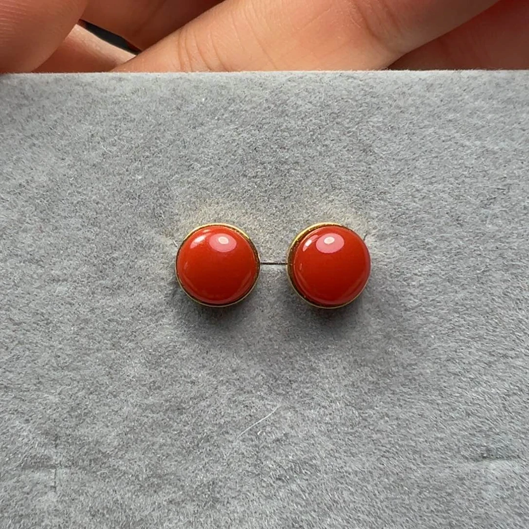 南红玛瑙耳钉18K金镶嵌