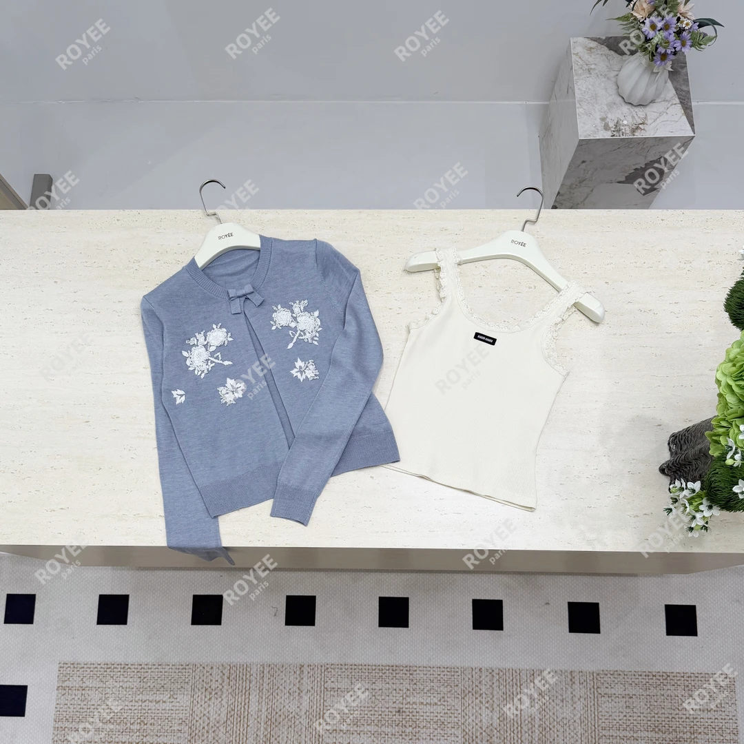 【古着花绘】法式重工手工绣珠花朵针织开衫+背心两件套女RY1695