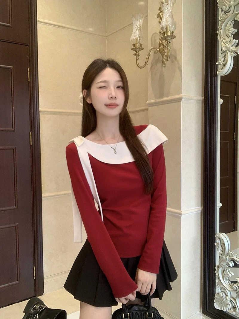 2025秋装新款胖mm大码女设计感撞色蝴蝶结荷叶边长袖T恤上衣棉韩