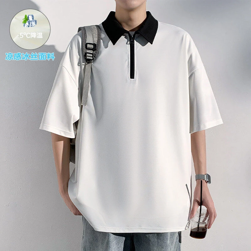 2025新款黑色短袖T恤男夏季宽松百搭大码Polo衫肌理感半