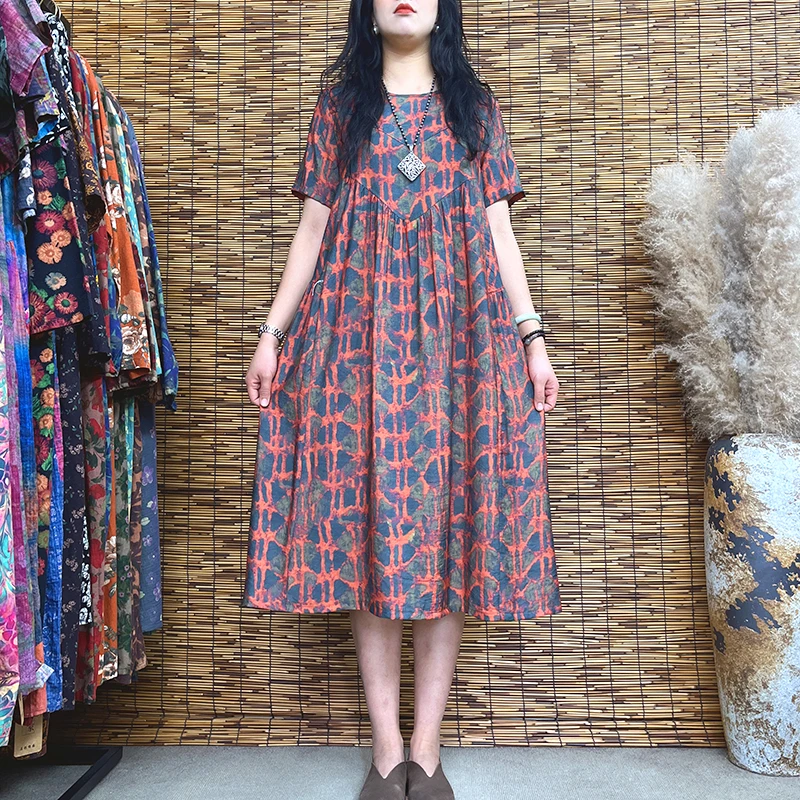 2865#大码女装夏季新款文艺复古休闲宽松中长款时尚过膝连衣裙