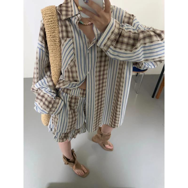 HELLOTANGO《捕捉时光》夏季韩系拼接撞色复古格纹休闲短裤25541