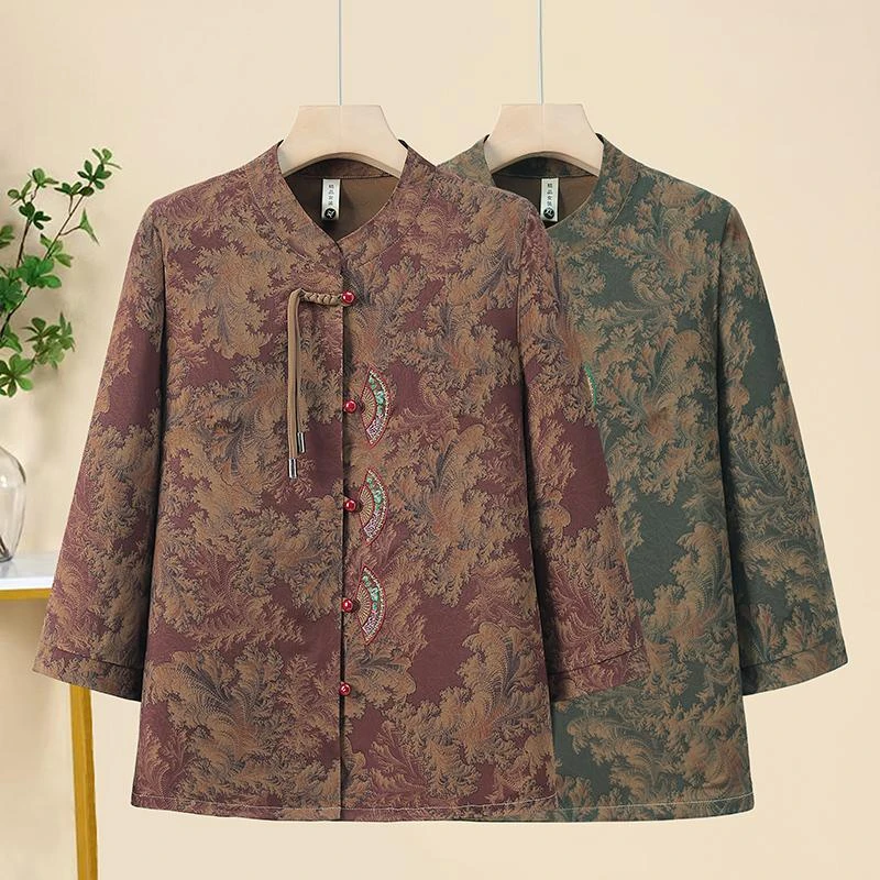 中老年人衬衣奶奶春秋款老太太时尚休闲外套妈妈薄款长袖刺绣上衣