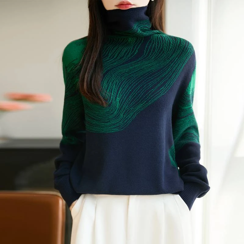 动感哥弟法式复古提花堆堆领针织衫2025冬季新款条纹设计女款毛衣