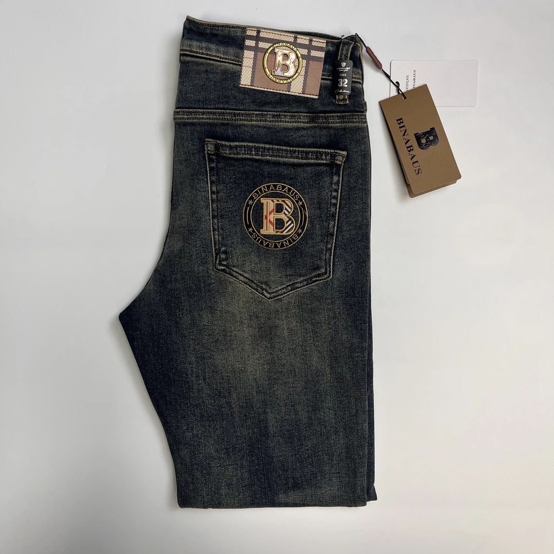 2025新品982新品蓝色百搭弹力男士轻奢重工水洗修身小直筒牛仔裤