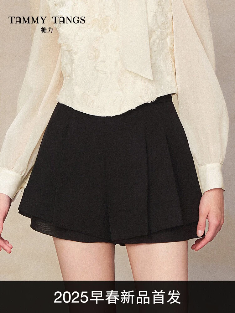 商场同款糖力 减龄俏皮 2025春季新款黑色高腰压褶A型休闲短裤女
