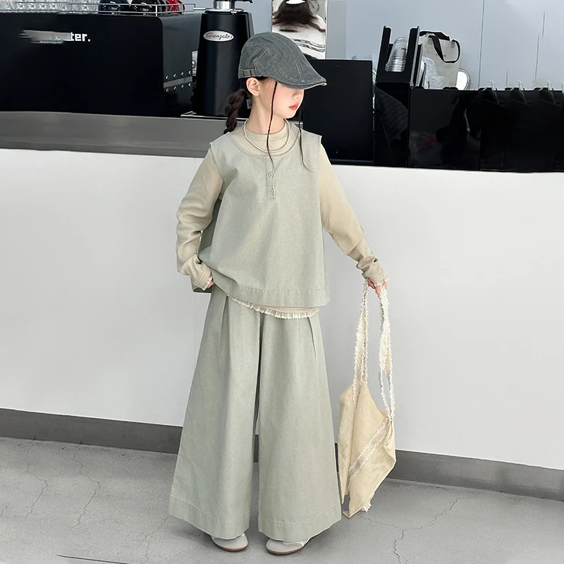 女童套装春秋款2025新款小女孩洋气初中生春季三件套大童时尚春装