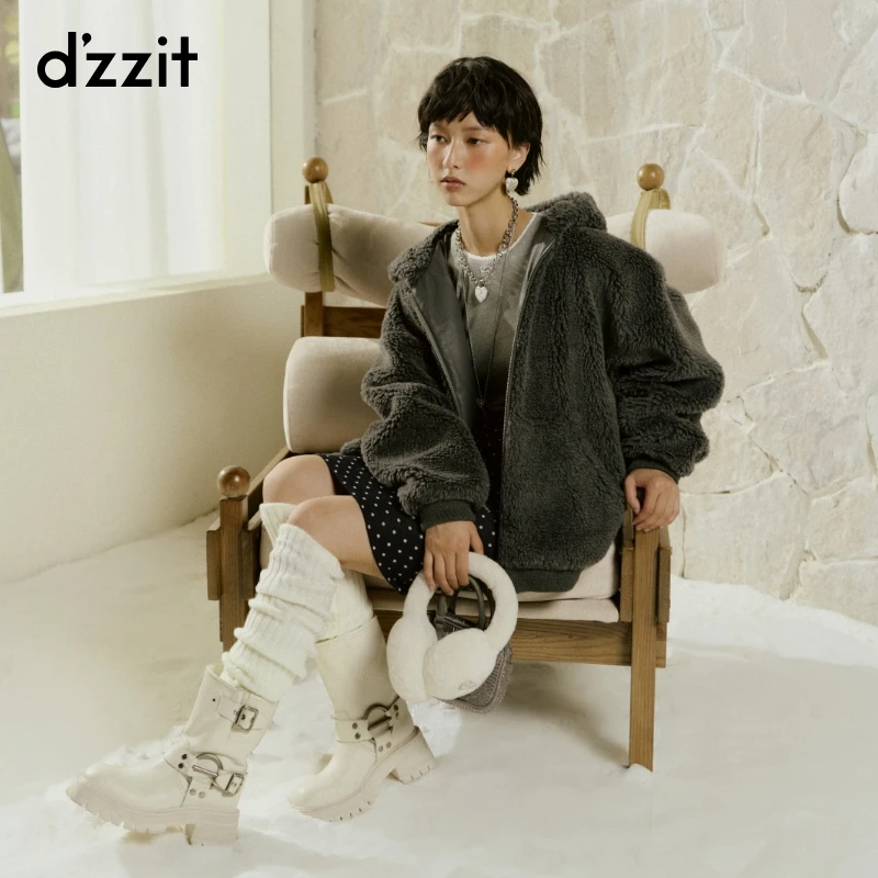 明星同款dzzit地素毛呢外套秋冬摩登毛毛颗粒绒帽衫女3I4G122