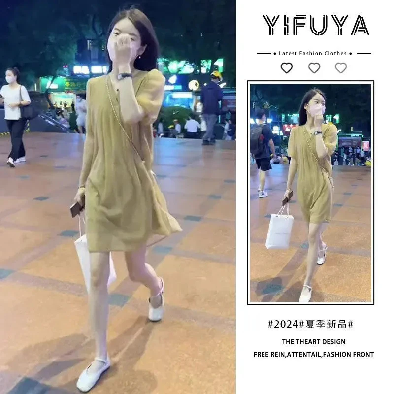 夏装法式绿色连衣裙2025新款网红新款气质设计感小众a字收腰裙子