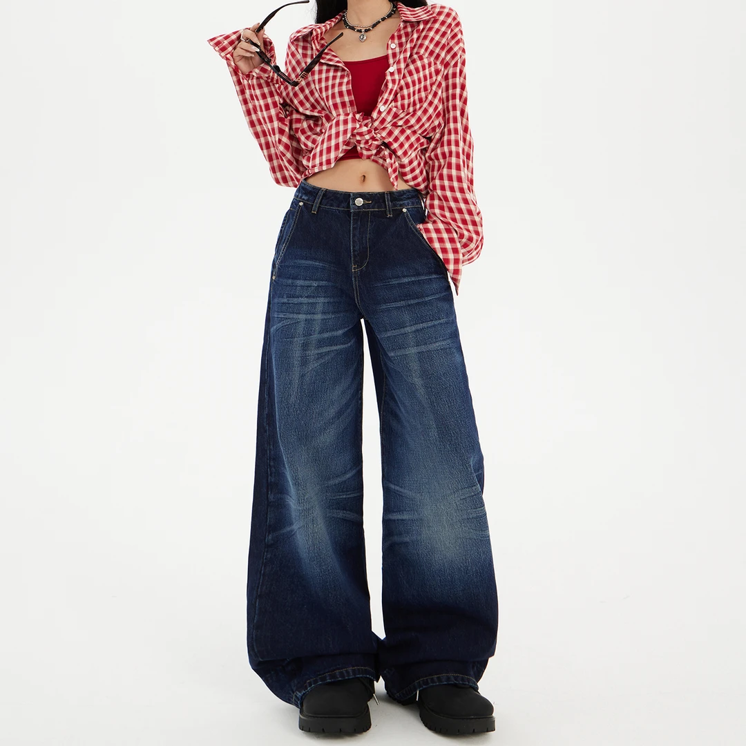 美式复古阔腿牛仔裤女2025秋冬高腰宽松显瘦直筒设计感百搭拖地裤