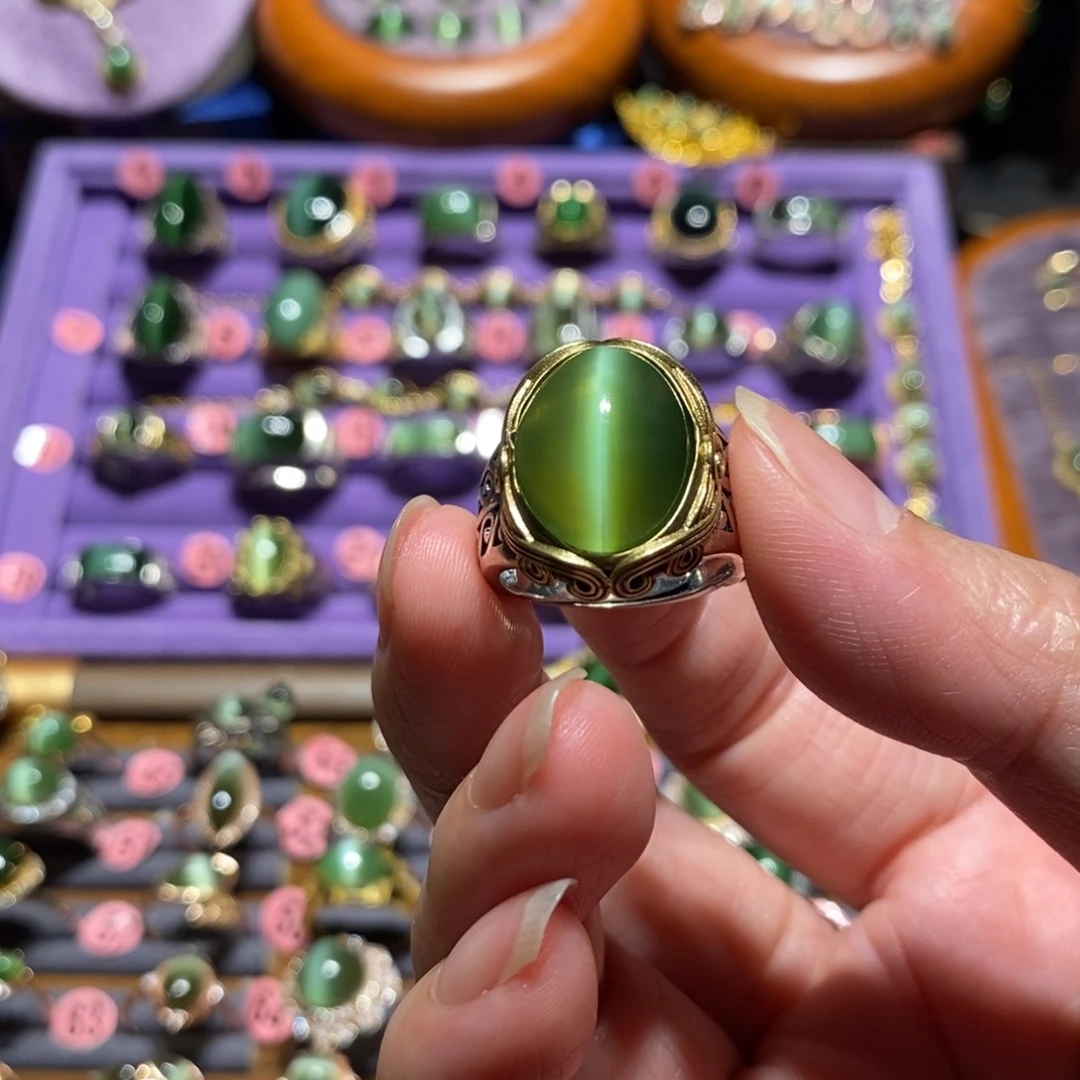 和田玉（碧玉）戒指银S925镶嵌冰*