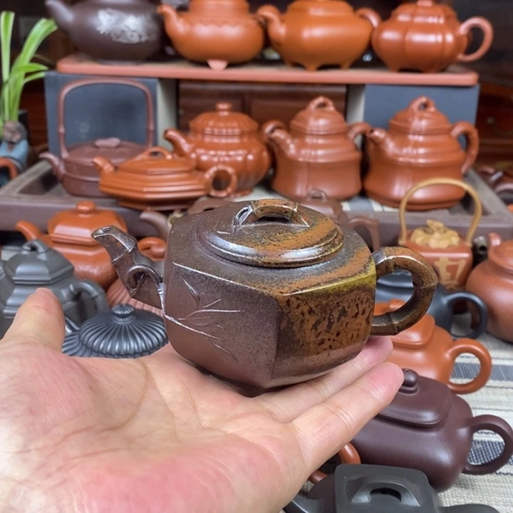 茶壶紫砂六方竹节180cc原矿老紫泥柴烧特价