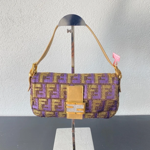 95新 FENDI/芬迪 拼色老花金丝法棍单肩包 123691