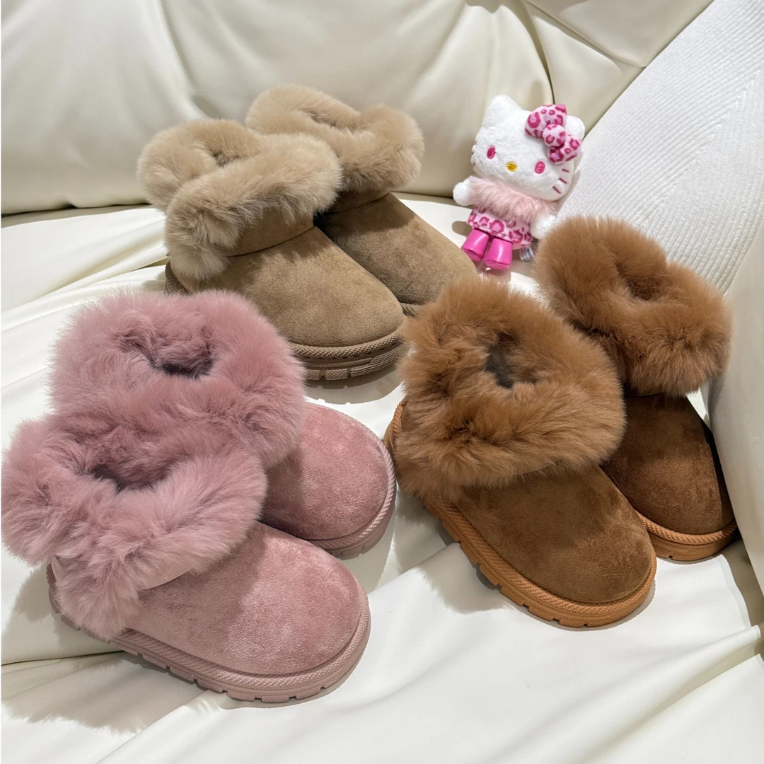 2025现货冬季新款儿童皮毛雪地靴保暖大棉棉鞋防水防滑短筒超时尚