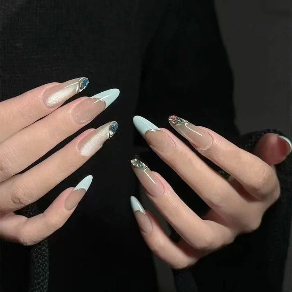 [月光宝盒]优雅法式蓝手工穿戴甲轻奢瓷白猫眼冰蓝钻温柔美甲指甲