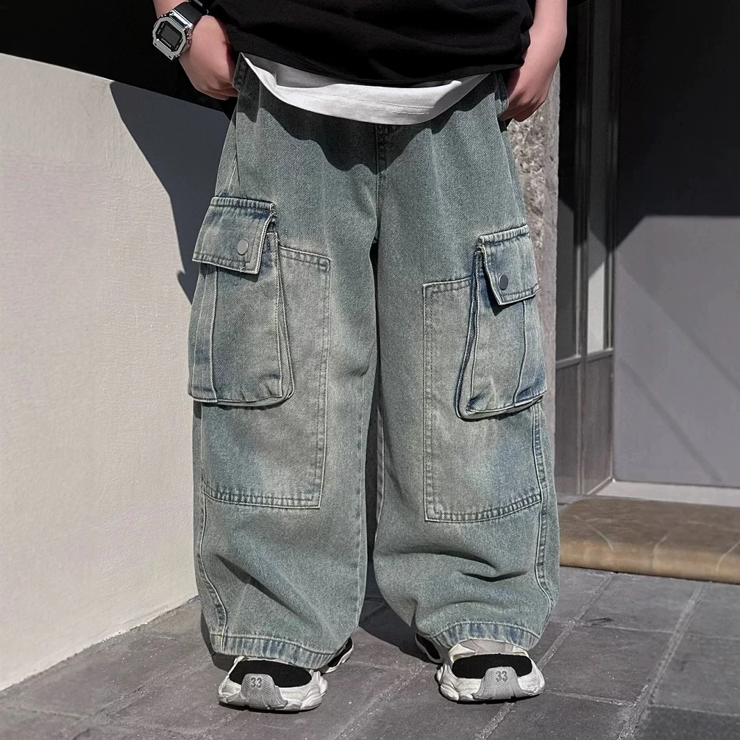 2025春夏新款儿童重工做旧复古工装牛仔裤宽松男童长裤潮休闲